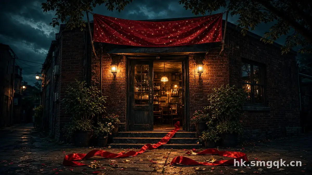 夜色中亮着暖灯的砖墙店门，红色绸带铺过台阶